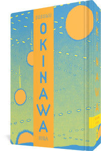 The cover to Okinawa by Susumu Higa, featuring the title and author's name in blue against a yellow background. The title is surrounded by criss-crossing lines of circles over a blue background that fades to yellow. Some larger circles appear to be falling from the sky.